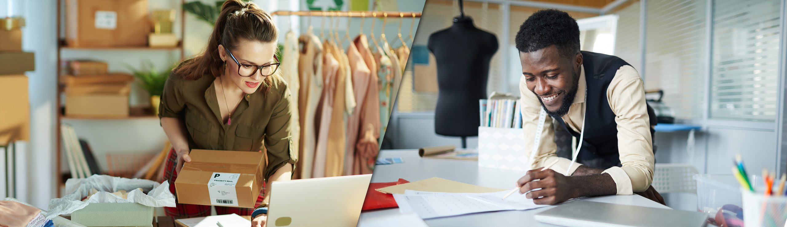 Split image. Left side shows a clothing store owner shipping out a package. The right side shows a clothing designer making a sketch