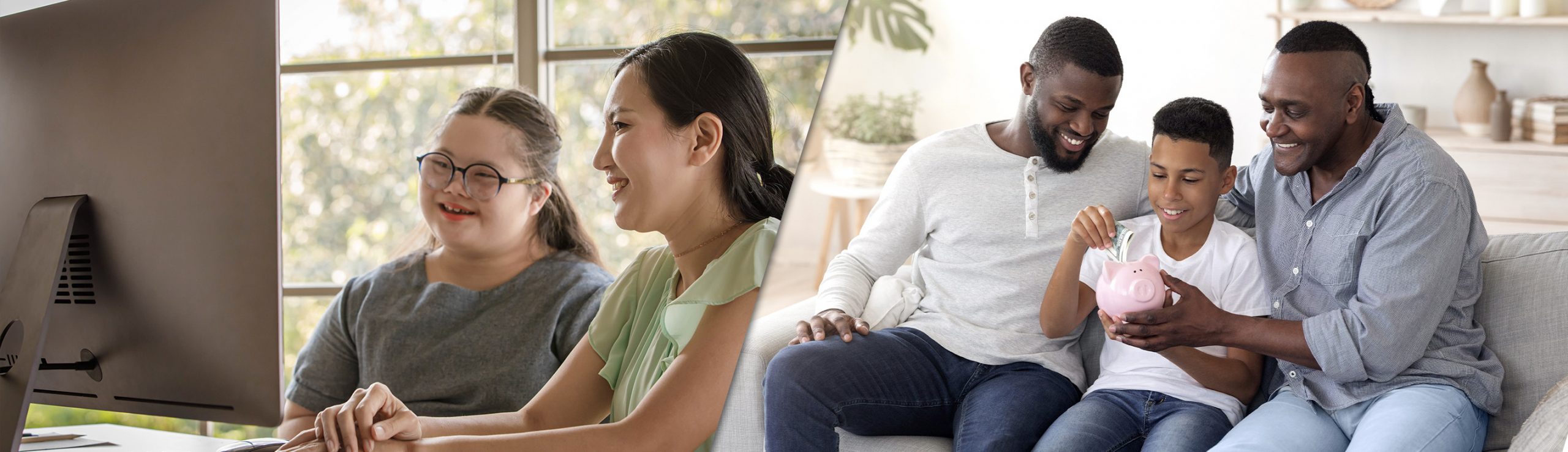 Split Banner. Left side shows a teenage girl using a computer. Right side shows two parents watching their child put money in his piggy bank