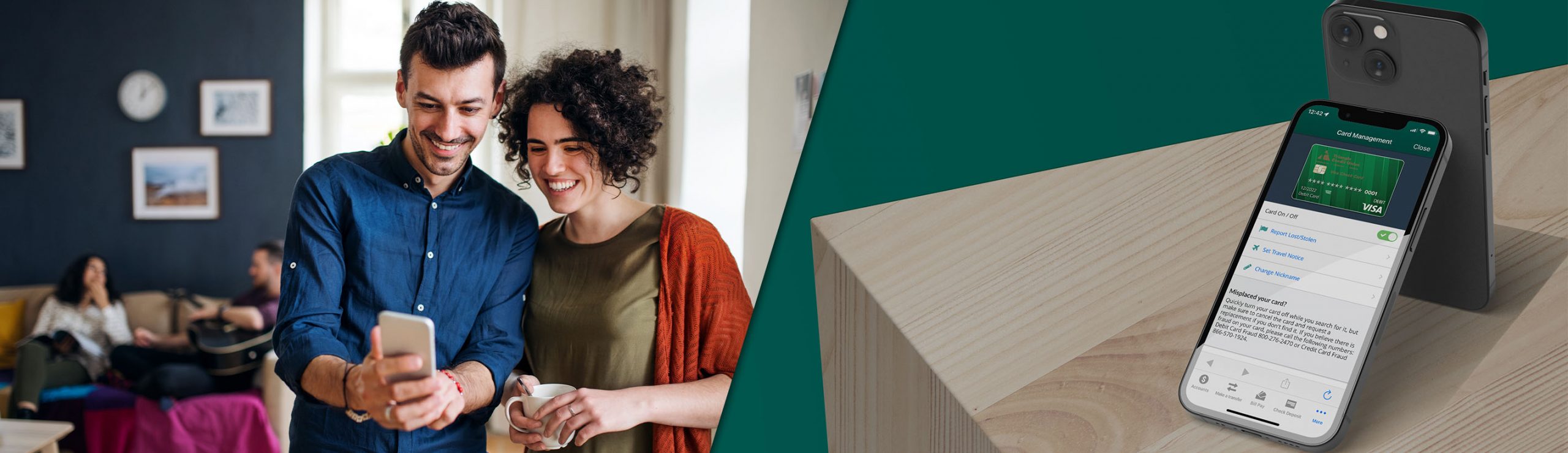 Split banner. Left side shows two people looking at the phone smiling. The right side shows a mockup of Triangle Credit Union's mobile app.